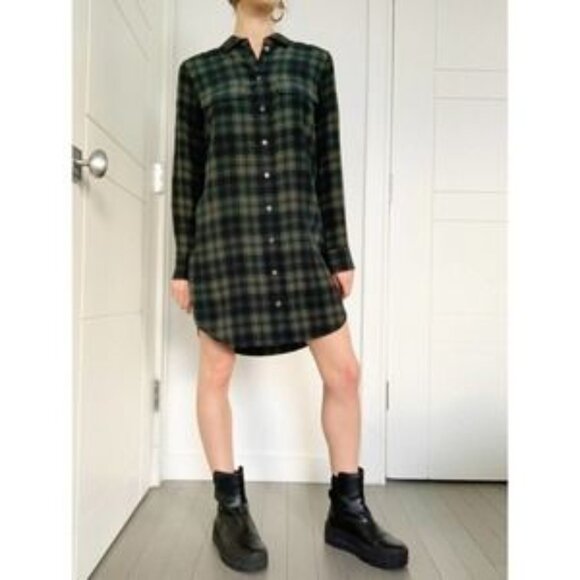 Equipment Plaid Long Sleeve Dress - Dark Green and Black - Picture 7 of 7